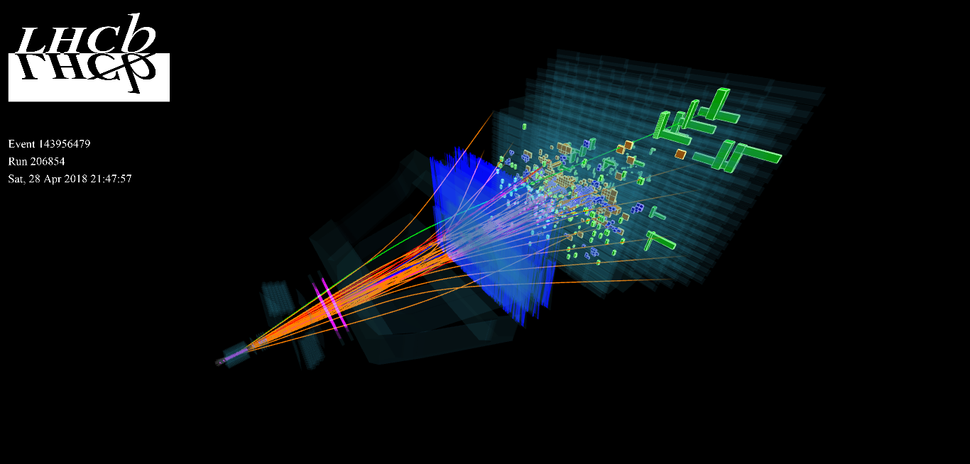 A proton–proton collision event detected by LHCb earlier this year. (Image: LHCb/CERN)