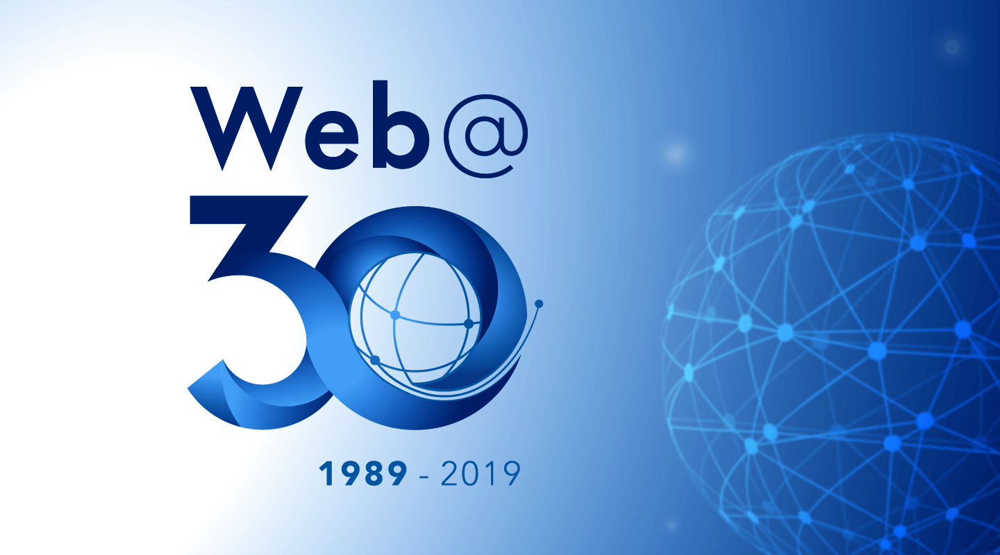 The Web@30 event logo, with the words "Web@30 1989 - 2019" on the left in blue, over a white-blue gradient background. A sphere showing interconnected points is on the right.