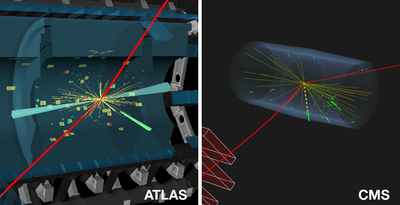 Événements candidats pour la désintégration d’un boson de Higgs en un boson Z et un photon, le boson Z se désintégrant à son tour en une paire de muons, enregistrés par les expériences ATLAS (à gauche) et CMS (à droite). (Image : CERN)