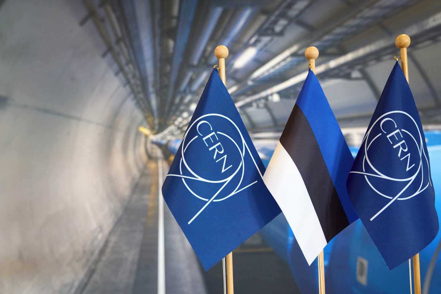 As Estonia becomes a full Member State of CERN, the Estonian flag is photographed along with the CERN flag (image: CERN)