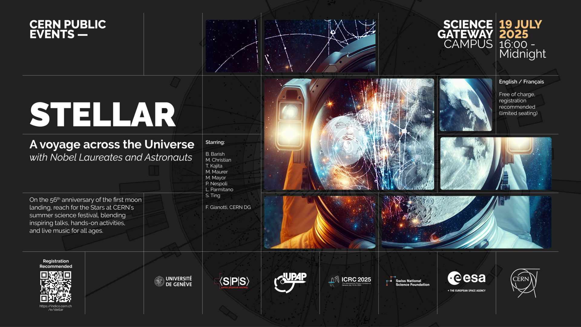 Poster of the Stellar event with an astronaut with bubble chamber event displays showcased on his/her helmet visor.