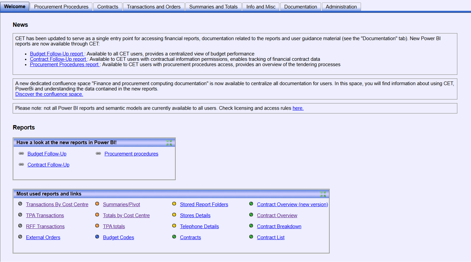 Screenshot of the new CET portal