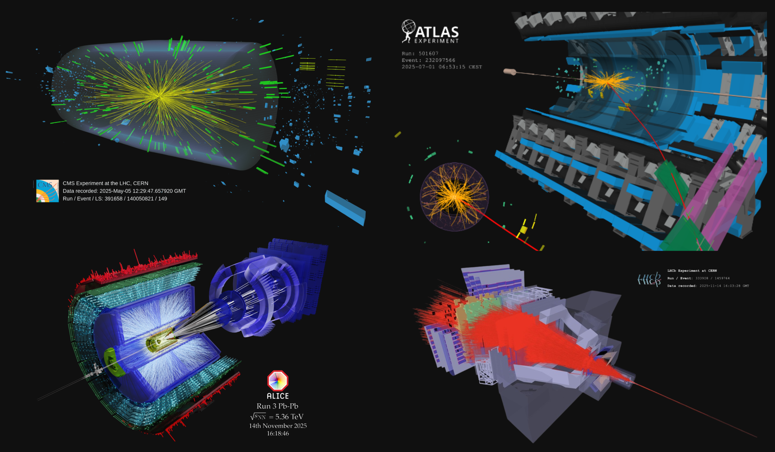 Event displays representing particle collisions taken by CMS, ATLAS, ALICE and LHCb