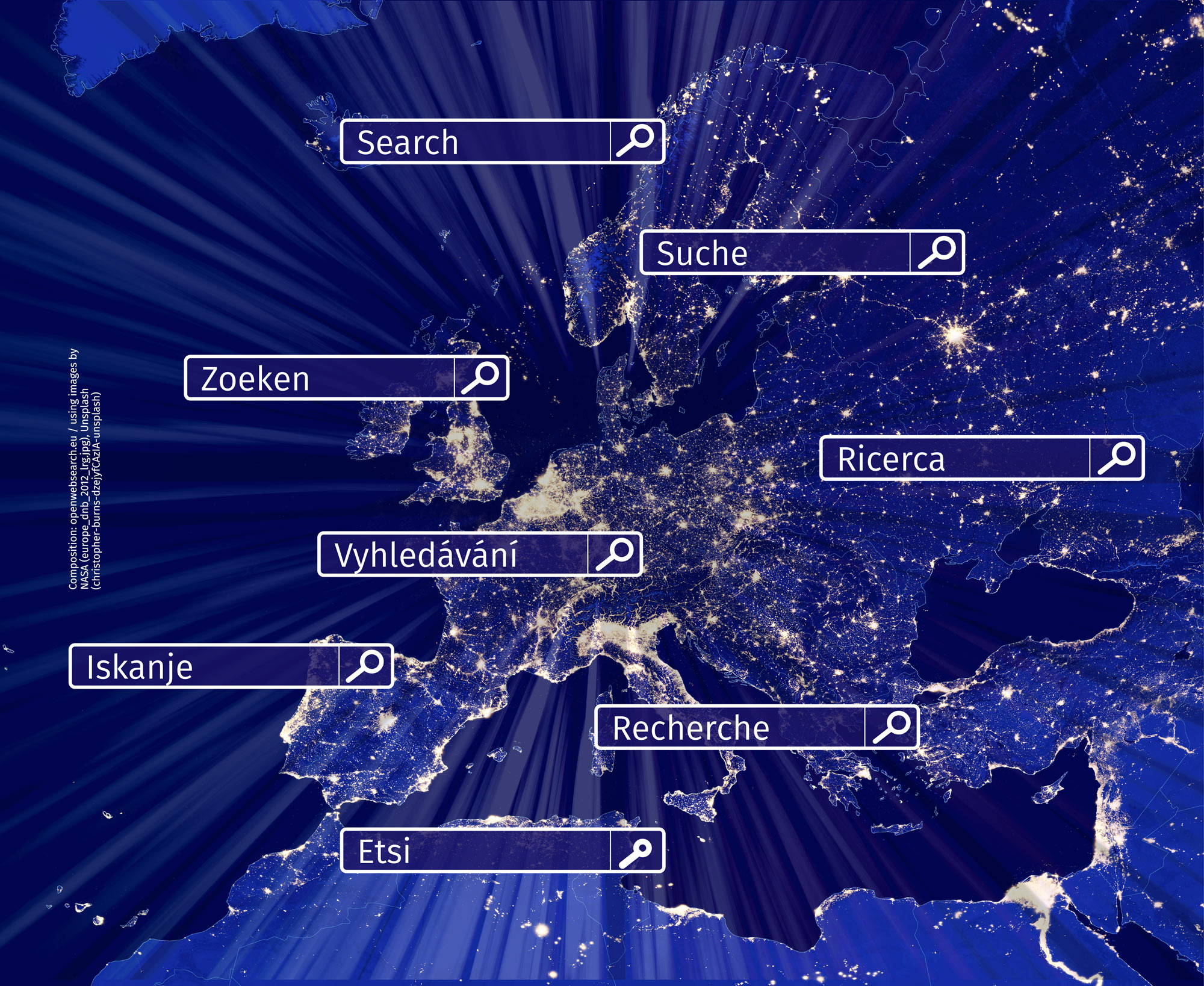 Artistic map of Europe with search bars in different languages overlaid