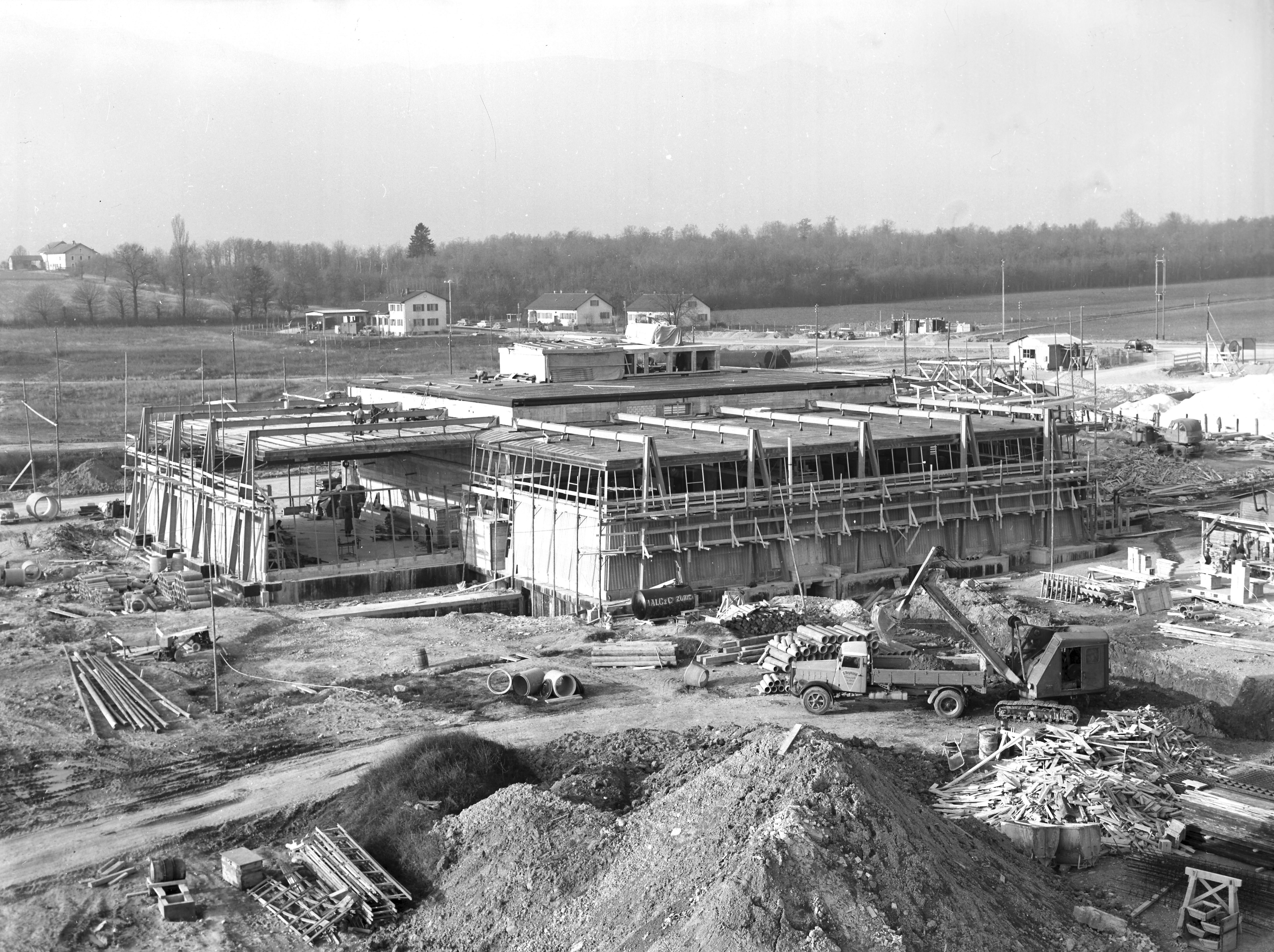 Black-and-white image of a construction site