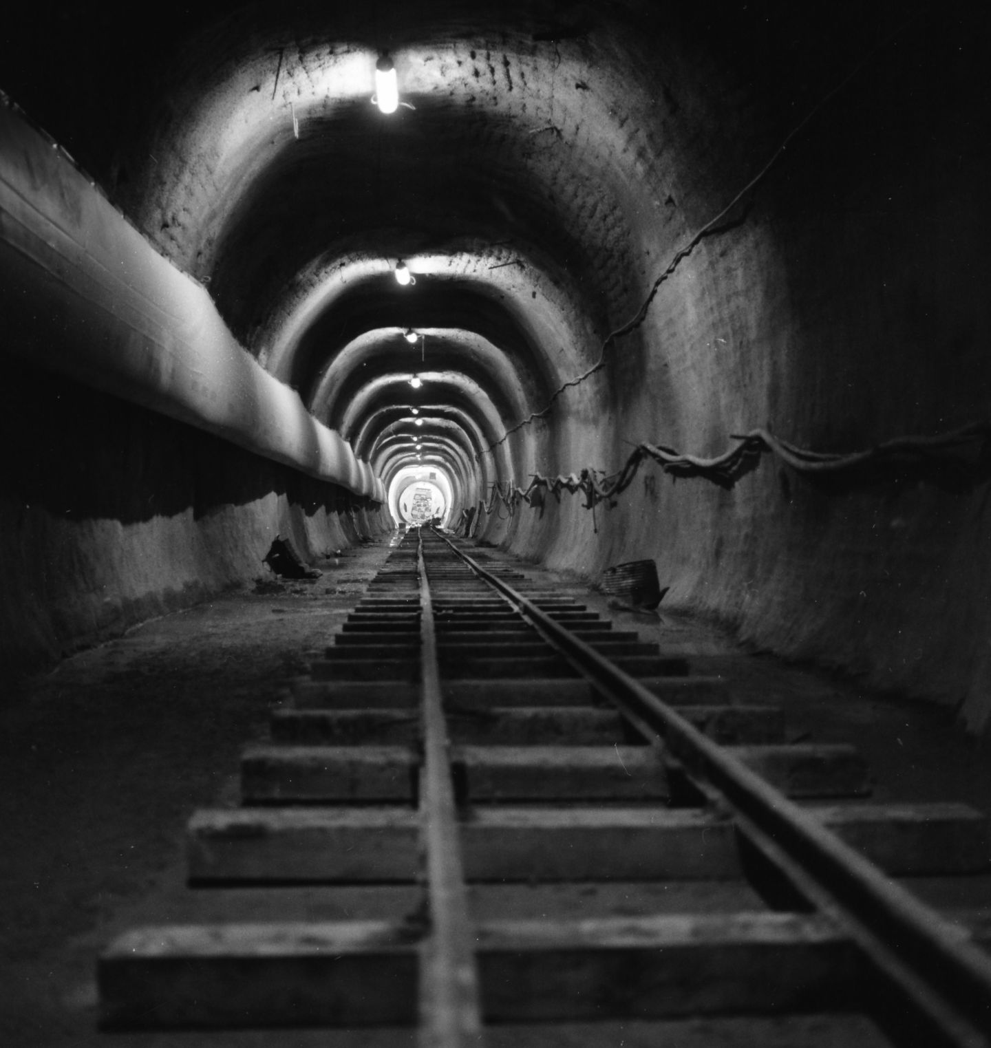 The LEP/LHC tunnel in 1985. Three tunnel-boring machines started excavating the tunnel in February 1985 and the ring was completed three years later.